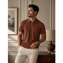 Adam & Eve Fashion Erkek Turuncu Kahverengi Mavi Pike Kumaş Fermuarlı Polo Yaka Kısa Kollu Regular Fit Tişört