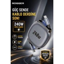 Rogger 240W Makaralı Type-C To Type-C Hızlı Şarj Kablosu – 1 Metre Geri Çekilebilir, 4 Kademeli Ayarlanabilir Kablo