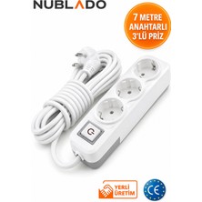 Nublado 7 Metre 3’lü Anahtarlı Uzatma Kablosu Topraklı Priz Çoklu Grup Priz Beyaz