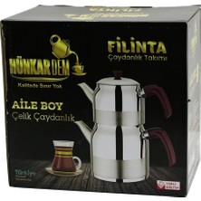Hace Bazaar Filinta Aile Boy Çelik Çaydanlık Seti Çift Kapaklı Renkli Bakalit Kulp Üst Demlik: 1.5lt - Alt Suluk: 3lt Kendinden Süzgeçli (4887)