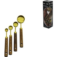 Hace Bazaar 4 Pcs Gold Metal Ölçü Kaşık Seti Otantik Ağaç Kulp 15ML - 5ml - 2.5ml - 1.25ML (4887)