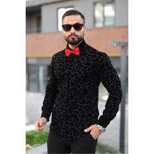 Slim Fit Kadife Dokulu Hayvan Desenli Uzun Kollu Erkek Gömlek (Kırmızı/siyah/beyaz)