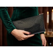 Veloria Bag & Scarf Çok Amaçlı Premium Portföy, Makyaj ve Abiye Çanta Clutch Siyah Suni Deri Simli