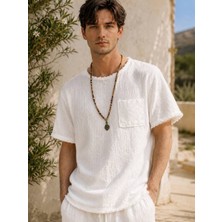 Adam & Eve Fashion Erkek Krem Beyaz Siyah Keten Dokulu Cepli Bisiklet Yaka Kısa Kollu Tişört