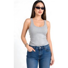 Moviment Gri Fitted Havuz Yaka Atlet | Kalın Askılı Fitilli Kaşkorse Örme Kumaş | %98 Pamuk %2 Elastan Esnek Vücuda Oturan Basic Atlet