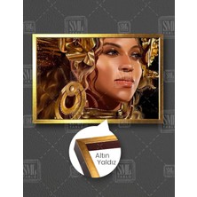 SML Tablo Altın Aksesuarlı Beyonce Ilüstrasyonu Efsane R&b Kraliçesi Yatay Çerçeveli Kanvas Tablo