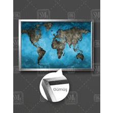 SML Tablo Mavi Gri Dünya Haritası World Map Yatay Çerçeveli Kanvas Tablo