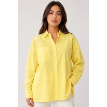 Mevese Menri Kadın Oversize Pensli Cepli Poplin Gömlek - Sarı