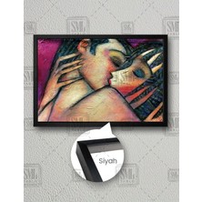 SML Tablo Sarılan Çift Fırça Izi Aşk Love Yatay Çerçeveli Kanvas Tablo