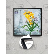 SML Tablo Paris Eyfel Kulesi Dekoratif Şehir City Manzara Kartpostal Sarı Çiçek Kare Çerçeveli Kanvas Tablo