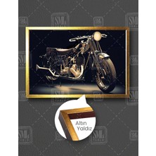 SML Tablo Gold Detaylı Klasik Motorsiklet Motorcycle Yatay Çerçeveli Kanvas Tablo