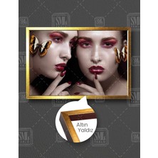 SML Tablo Kırmızı ve Pembe Makyajlı Yüzünde Kelebek Olan Kadın Make Up Güzellik Salonu Yatay Çerçeveli Kanvas Tablo