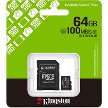 Kingston SDCS3-64GB 64GB Microsdxc Canvas Select Plus Gen3 100MB-S A1 Card + Adapter Hafıza Kartı