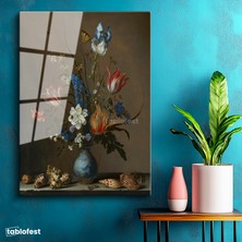 Tablofest Tamperli Cam Tablo Jan van Huysum Vazolu Çiçekler Deniz Kabukları Ressam Tablosu Dekoru