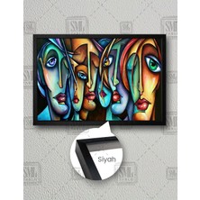 SML Tablo Yanyana Dizilmiş Soyut Yüzler Soyut Sanat Dekoratif Yatay Çerçeveli Kanvas Tablo