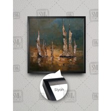 SML Tablo Denizdeki Yelkenli Gemiler Uçan Kuşlar Martılar Doğa Sahil Deniz Dekor Kare Çerçeveli Kanvas Tablo