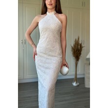 Dilay Gökoğlu Butik Boyun Bağlamalı Jakarlı Tül Midi Beyaz Elbise