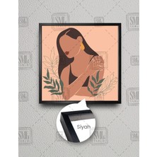 SML Tablo Kendine Sarılan Kız Yeşil Yaprak Detaylı Boho Kare Çerçeveli Kanvas Tablo