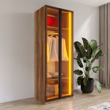 Merlin Mobilya Aura 2 Füme Camlı Alimünyum Kapaklı Çekmecesiz Giyinme Dolabı LED Askılıklı Tamamı Mdf