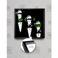 SML Tablo Ağzı Gözü Kulağı Dolarla Kapalı Üç Maymun Dekor Kare Çerçeveli Kanvas Tablo