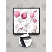 SML Tablo Uçan Tavşan Yavruları Pembe Balon Çizgi Film Karakteri Çoçuk Odası Dekor Kare Çerçeveli Kanvas Tablo