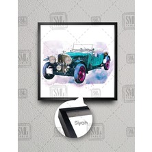 SML Tablo Eski Model Vintage Mavi Araba Ilüstrasyon Çizim Kare Çerçeveli Kanvas Tablo