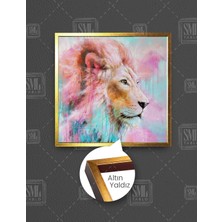 SML Tablo Pembe Turkuaz Aslan Pastel Tonlar Naif Sanat Vahşi Hayvan Dekor Kare Çerçeveli Kanvas Tablo