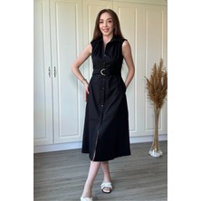 Dilay Gökoğlu Butik Polo Yaka Kemerli Vatkalı Midi Gömlek Elbise
