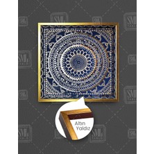 SML Tablo Mavi Mürekkep Dekor Desenli Tekstil Duvar Kağıdı Efektli L Kare Çerçeveli Kanvas Tablo