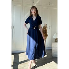Dilay Gökoğlu Butik Gold Kemerli Gömlek Yaka Midi Lacivert Elbise