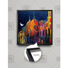SML Tablo Ay Işığı Altındaki Renkli Şehir Gece Manzarası Yağlı Boya Efektli Kare Çerçeveli Kanvas Tablo
