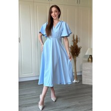 Dilay Gökoğlu Butik Kolları Volanlı V Yaka Fırfırlı Midi Elbise