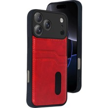 Mey Ithalat®   iPhone 17 Pro Max Sara Kartvizitli Deri Kılıf - Kırmızı
