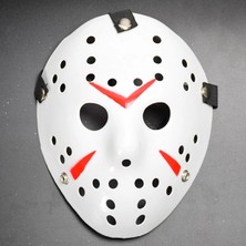 Mey Ithalat® Beyaz Renk Kırmızı Çizgili Tam Yüz Hokey Jason Maskesi Hannibal Maskesi