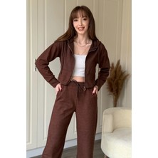 Dilay Gökoğlu Butik Kapüşonlu Fermuarlı Crop Selanik Kumaş Hırka Takım