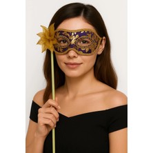Mey Ithalat® Lüks Taşlı Saplı Maskeli Balo Maskesi Mor Renk 35 cm