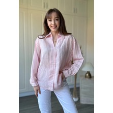 Dilay Gökoğlu Butik Dokulu V Yaka Pembe Gömlek