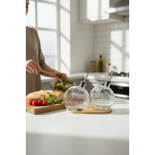 Empressco Bambu Standlı Cam Yağlık Seti 2’li – 500 ml Zeytinyağı & Ayçiçek Yağı Şişesi Akıtmaz(Gümüş)