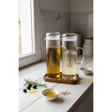 Empressco Ahşap Standlı 2’li Cam Yağdanlık Seti 1200 ml – Kulplu Borosilikat Yağlık & Sirkelik