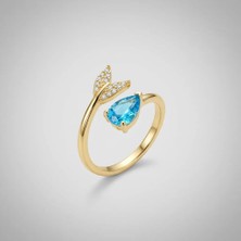 Fashion Gold Renkli Mavi Taşlı Yaprak Detaylı Kadın Yüzük