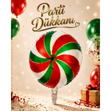 Parti Dükkanı Renkli Şeker Folyo Balon 18 Inç 45 cm Kırmızı Yeşil Beyaz Helyum Uyumlu Bonibon Desenli Yuvarlak Parti Balonu