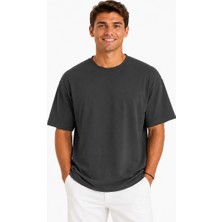 Vasto Moda Erkek Tam Oversize Kalıp Kalın Dokulu %100 Organik Pamuk Bisiklet Ribana Yakalı Füme T-Shirt
