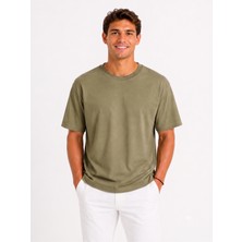 Vasto Moda Erkek Tam Oversize Kalıp Kalın Dokulu %100 Organik Pamuk Bisiklet Ribana Yakalı Haki T-Shirt