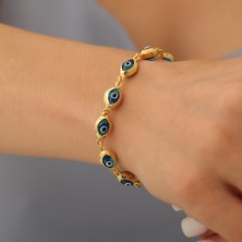 Nox Jewelry 14 Ayar Altın Kaplama Oval Mavi Nazar Boncuklu Gümüş Bileklik - CBS00118