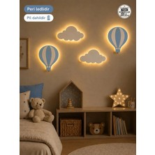 Windly Concept LED Işıklı Sıcak Hava Balonu ve Bulut Duvar Süsü Seti Mdf Bebek Odası Dekoru Çocuk Odası Dekorasyonu Pil Dahil