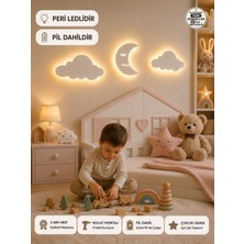 Windly Concept LED Işıklı Ay ve Bulut Duvar Süsü Seti Mdf Bebek Odası Dekoru Çocuk Odası Dekorasyonu Pil Dahil