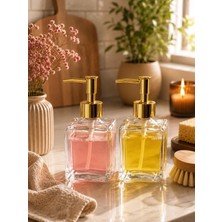 Trend Home Life Estetik Banyo ve Mutfak Sabunluk Seti, Kare Cam, Gold Başlık 200 ml Stand Yoktur