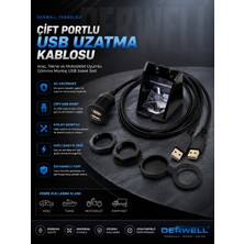 Derwell Çift Portlu Panel Tipi USB Uzatma Kablosu; Araç, Tekne ve Motosiklet Uyarıcı Gömme Soket Seti (Su Geçirmez Kapaklı, Montaj Aparatlı ve Vidali, Siyah Renk Dişi-Erkek Şarj Veri Aktarım Kablosu)