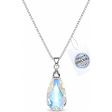 Brezza Lusso Jewelry 925 Ayar Swarovski Taşlı Ince Damla 24MM Crystal Ab Kadın Gümüş Kolye