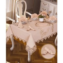 Ceki Home Karanfil Gardenya Keten Yemek Takımı Masa Seti 12 Kişilik 26 Parça 160 × 260 cm Runner Set Kapiçino